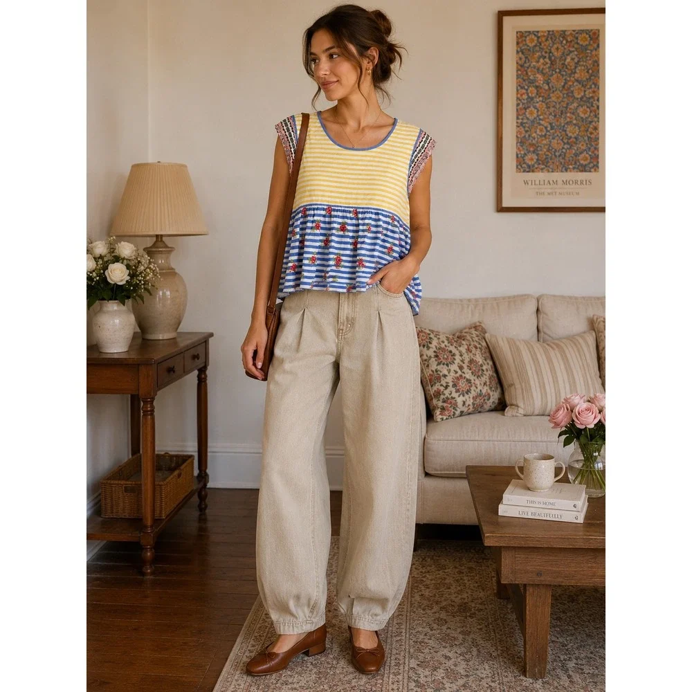 Matilda‎ Jane Mixed Media Striped Floral Babydoll Top Yellow Blue Cap Sleeve XL